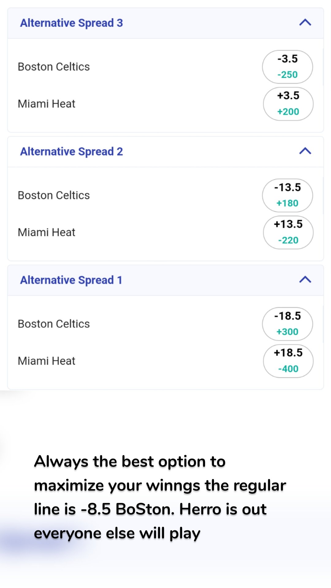 









Always the best option to maximize your winngs the regular line is -8.5 BoSton. Herro is out everyone else will play